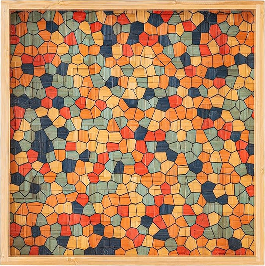 PEMAR 12.2" Square Bamboo Art Decor Tray with Handle, Food Drink Serving Tray for Breakfast Lap Bed Eating. Pattern Printed on Bamboo. Decorative Catchall Coffee Table Entryway Nightstand (Mosaic)