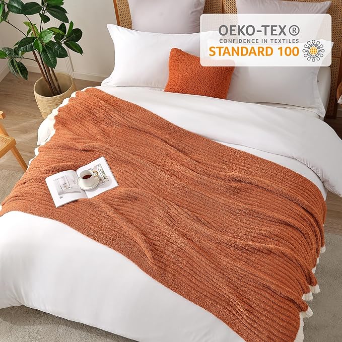Snuggle Sac Fluffy Fall Bedding Blanket Twin Size, Soft Luxurious Knit Throws, Fuzzy Microfiber Blankets for Couch, Sofa, Bed, Burnt Orange, 60x80 inches