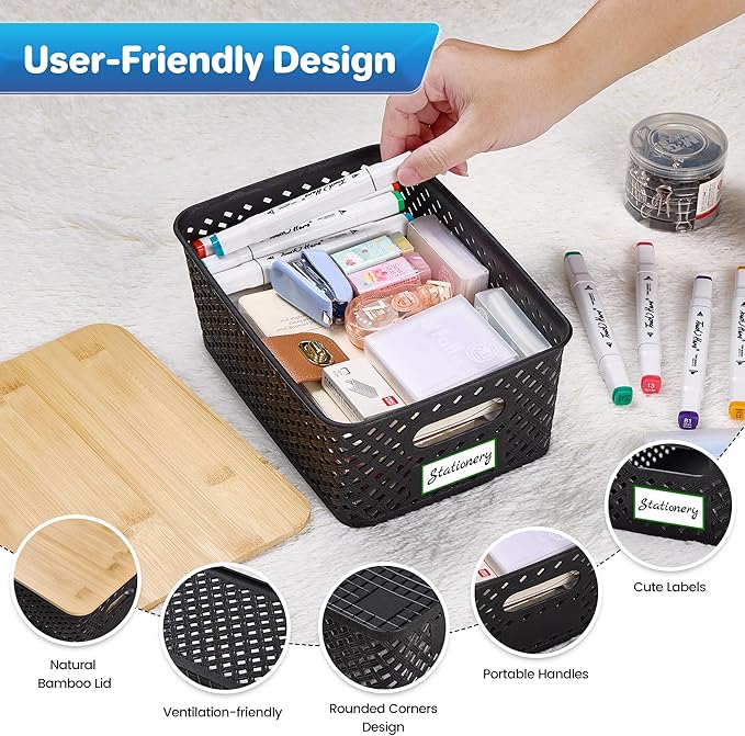 8 Packs Plastic Storage Bins with Bamboo Lids - Stackable Storage Bins Decorative Small Basket Containers for Organizing Shelves Office Classroom Desktop Closet, Black