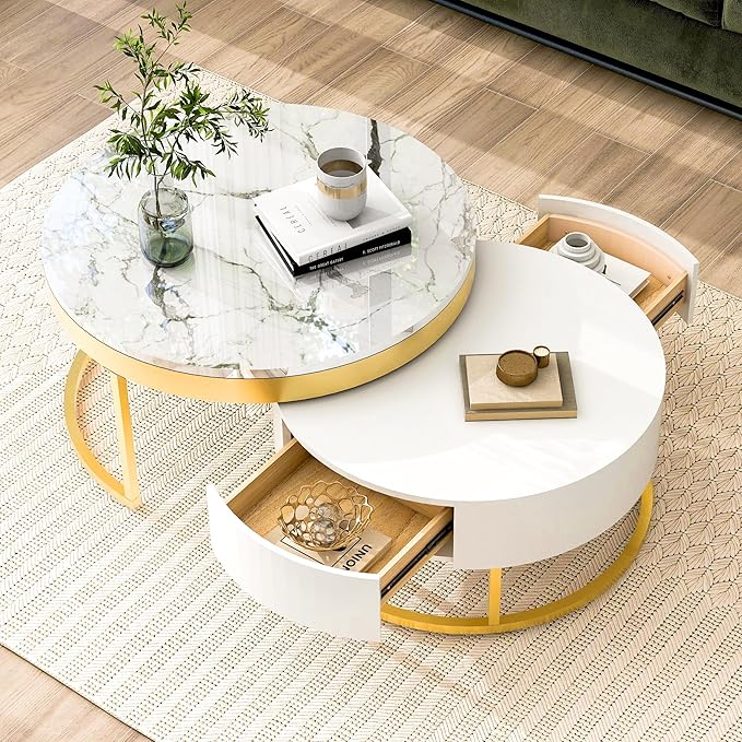 Modern Round Nesting Coffee Table with Drawers for Living Room in White