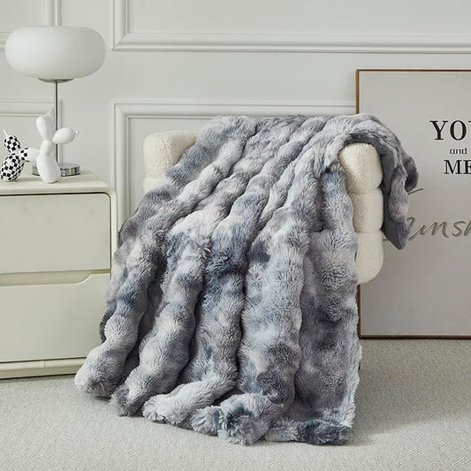 Faux Fur Throw Blanket for Couch Cozy Fuzzy Soft Plush Thick Fluffy Fleece Bubble Blanket for Sofa Bedroom Living Room, 63x79 Inches Tie-Dye Grey