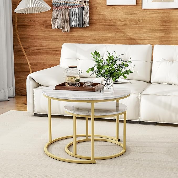 HOJINLINERO Round Coffee Table Set of 2 End Tables for Living Room,Circular and Marble Nesting Coffee Table Wooden Accent Furniture with Golden Metal Frame,Stacking Side Tables,White