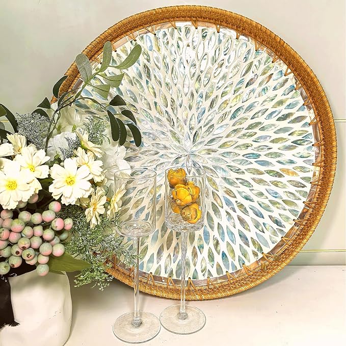 i-lan 18 inch Round Decorative Rattan Serving Platter with Mother of Pearl Inlay,Ottoman Coffee Table Tray Rattan Serving Display for Table Decor,Kitchen Counter Storage of Fruit,Candy.