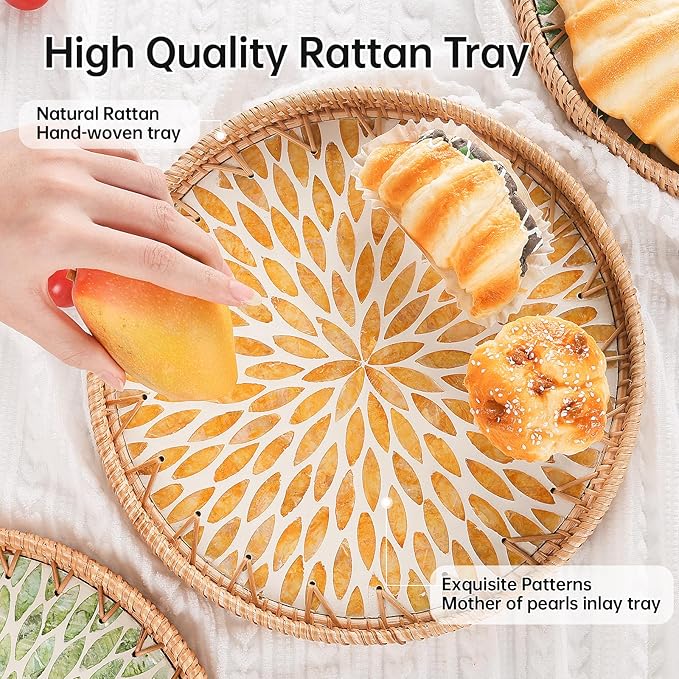 Round Rattan Tray with Mother of Pearl Inlay, Rattan Serving Tray for Coffee, Bread, Fruits, Decorative Wicker Tray for Table Decor, Home Decor, Kitchen Island Decor (Amber Leaf, 11.8")