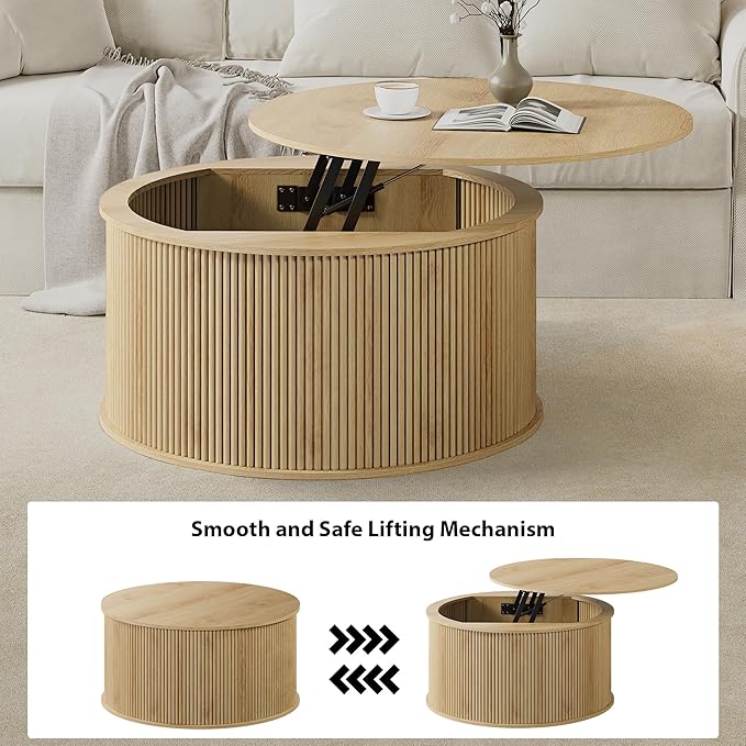 Lift Top Coffee Table, Fluted Round Coffee Table with Storage, Farmhouse Center Dining Table Circle Table for Living Room, Apartment, Home Office (Natural)