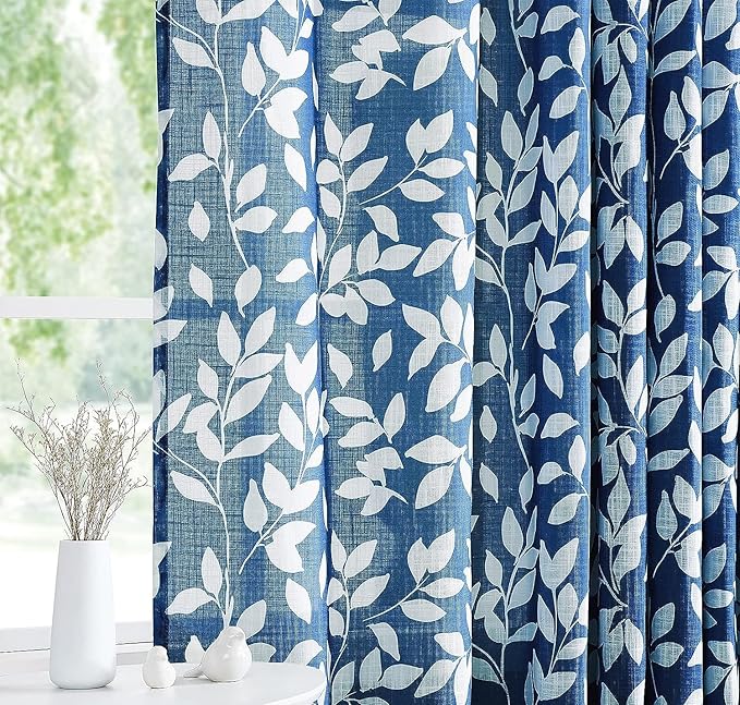 Navy and White Curtains for Bedroom 63" Length Leaf Print Curtains for Windows Semi-Sheers, Royal Blue Grommet Top, 2 Pack