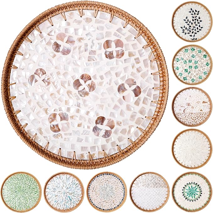 Round Rattan Tray with Mother of Pearl Inlay & Wooden Base - Decorative Wicker Serving Tray for Coffee/Bread/Fruits, Food Storage & Display - Multipurpose Home Decor (L,Four-Petal Flower)