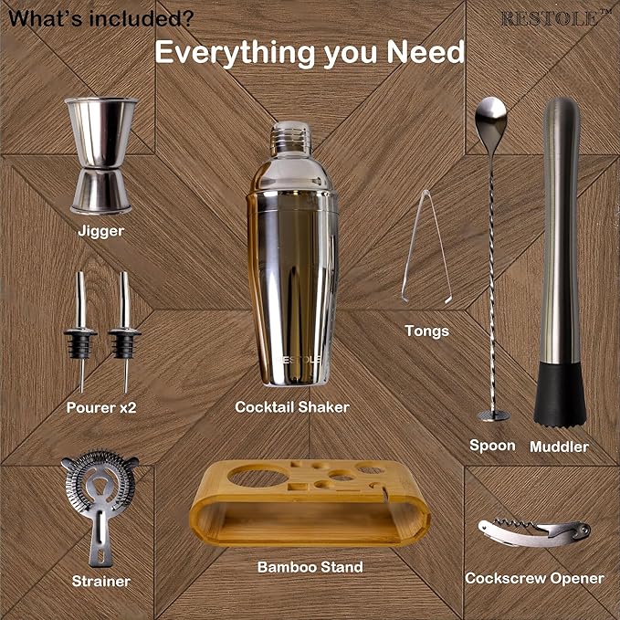 10-Piece Cocktail Shaker Bartender Kit - Elegant Drink Mixer Set Muddler Jigger Strainer, Dishwasher Safe, for Housewarming, Drink Mixer Fans, Lovers, Family, Friends
