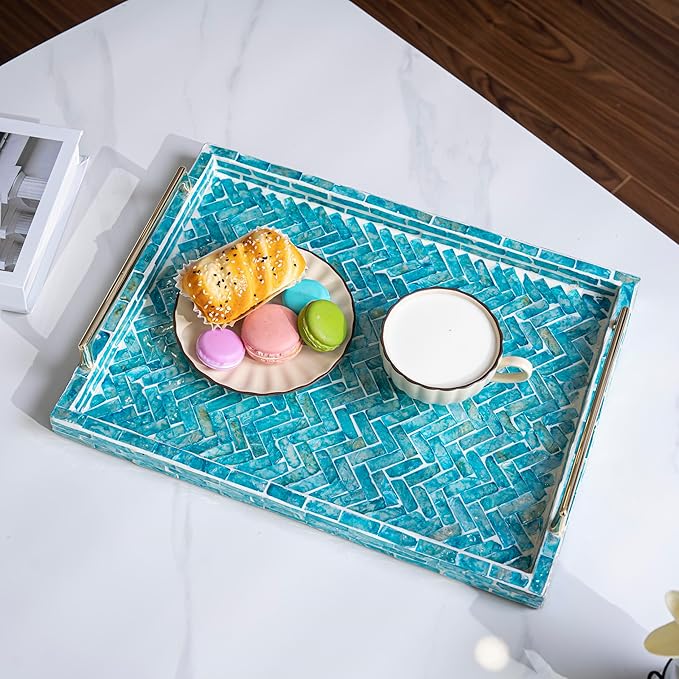 PEMAR Capiz Shell Decorative Tray with Gold Handles – 15.7"x11.8" Rectangular Display & Serving Tray for Vanity, Dresser, Bathroom (Mosaic Chevron)