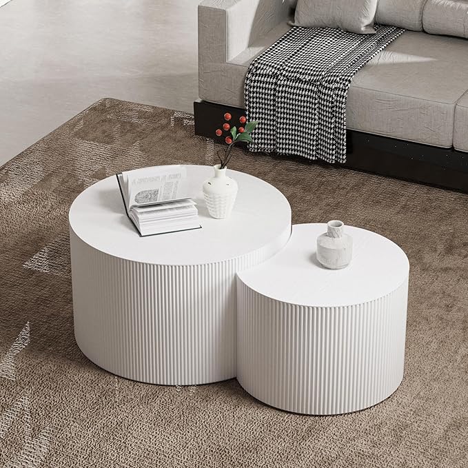 Round Coffee Table Set of 2 Modern Nesting Coffee Tables Wooden Drum Coffee Tables with Non-Slip Feet, Circle Nesting Tables End Table for Living Room Office, No Assembly (Cream 27.56"+19.69")