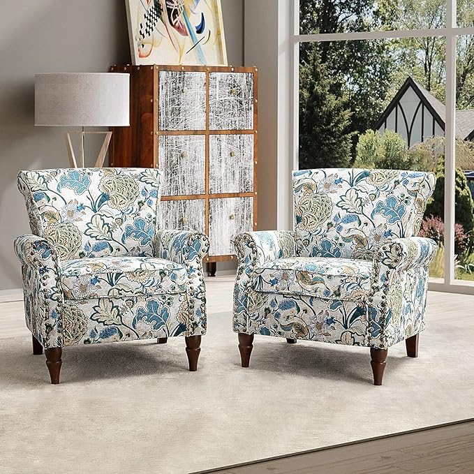 HULALA HOME Modern Wingback Accent Chairs Set of 2 with Wood Legs & Removable Cushion, Comfy Upholstered Armchairs with Nailhead Trim, Floral Pattern Single Sofa Chairs for Living Room Bedroom, Green