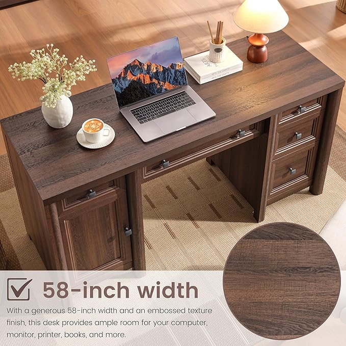 Farmhouse Computer Desk with 5 Drawers and Cabinet, 58” Executive Desk, Wood Home Office Desk with Ajustable Shelf, Rustic Writing Table with Knobs, Workspace for Study Room, Walnut