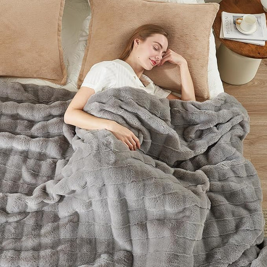 Cozy Bliss Fluffy Faux Fur Blanket Queen Size for Bed, Fuzzy Soft Striped Plush Blanket, Thick Throw for Bedroom Couch Gift, 90x90 Inches Grey
