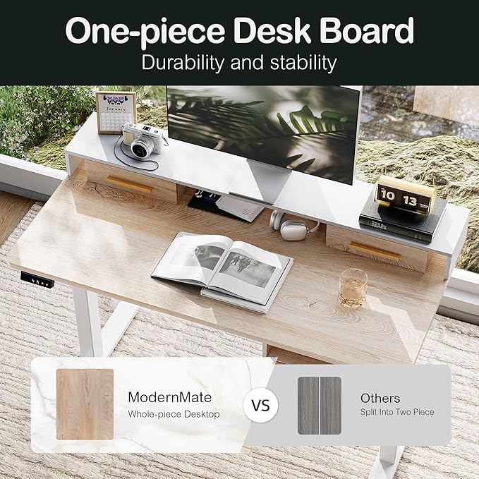 Standing Desk with 4 Drawers, 47.2 x 23.6 Inch Whole Piece Height Adjustable Electric Sit Stand Desk, Computer Home Office Workstation with Open Storage Shelf, Light Walnut