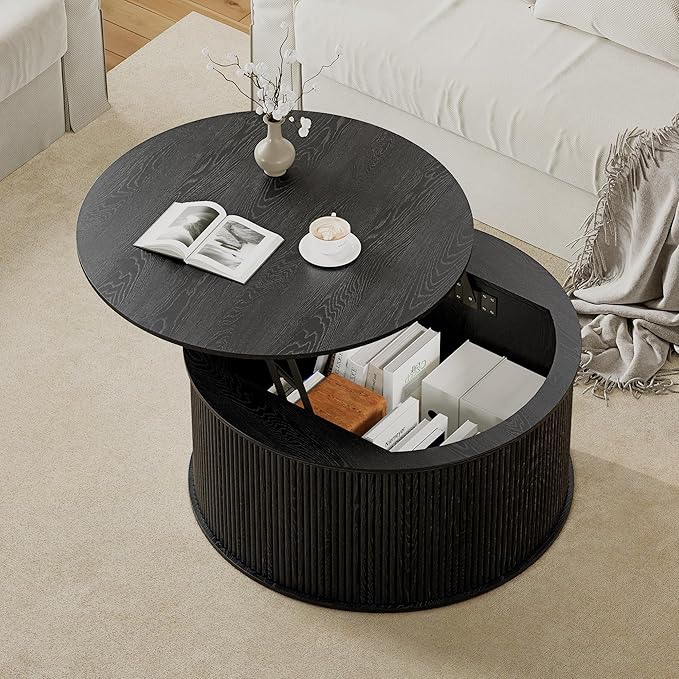 Lift Top Coffee Table, Fluted Round Coffee Table with Storage, Farmhouse Center Dining Table Circle Table for Living Room, Apartment, Home Office (Black)