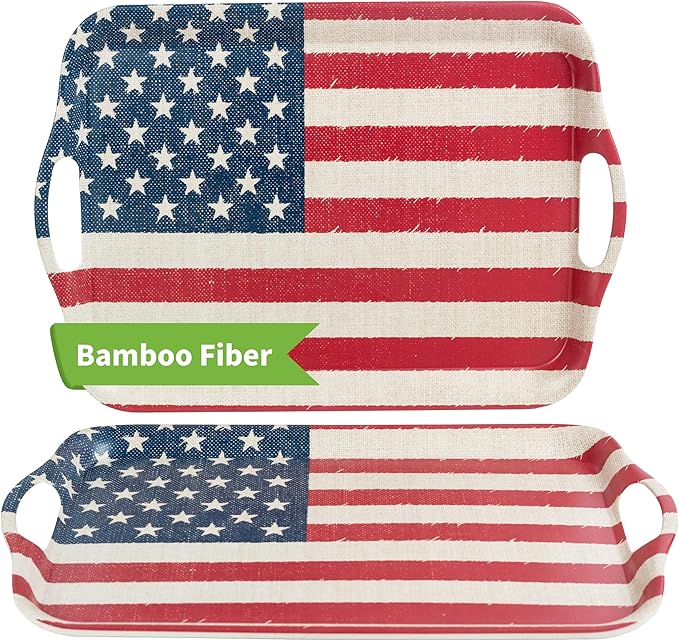 KINGEN 2-Pack Patriotic Bamboo Fiber Serving Trays - 18×13-inch Extra Large w/Handles Tray, Stars & Stripes Platters for 4th of July, Christmas, Birthday, BBQ, Party - Red, White & Blue Decor
