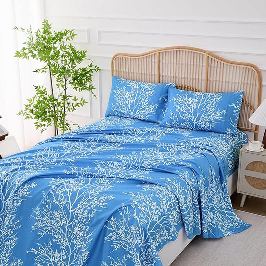 Spirit Linen home King Size Sheets Set - Pure Microfiber 4 Piece Polyester Bed Sheets, Fitted Sheet & Pillow Cases - King Sheets for All Seasons (Foliage Light Blue/White, King)