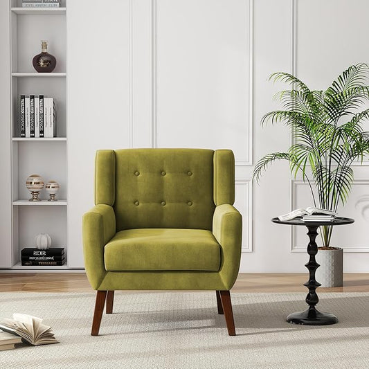 UIXE Accent Chair, Velvet Upholstered Armchair for Living Room, Modern Club Arm Chairs Comfy Single Sofa Button Tufted Bedroom Reading Seat - Green, Set of 1