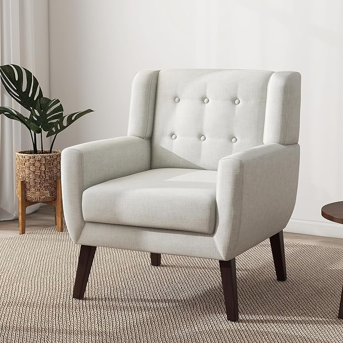 UIXE Accent Chairs Set of 2, Modern Living Room Arm Chair Mid-Century Upholstered Club Armchair, Comfy Fabric Single Sofa Button Tufted Reading Seat Bedroom Side Sitting, Beige