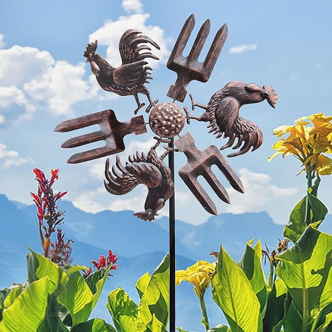 39" Rooster Wind Spinner Garden Stake-Farm Outdoor Metal Stake Yard Spinners-Wind Sculpture Yard Art Decorations for Patio,Lawn & Garden