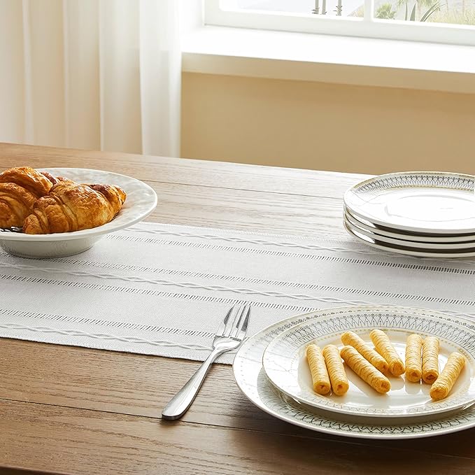 Christmas Table Runner, White 13x108 Inch, Hemstitched Farmhouse Cotton Linen Boho Table Runners 108 Inches Long, Embroidered Striped Rustic Home Decor