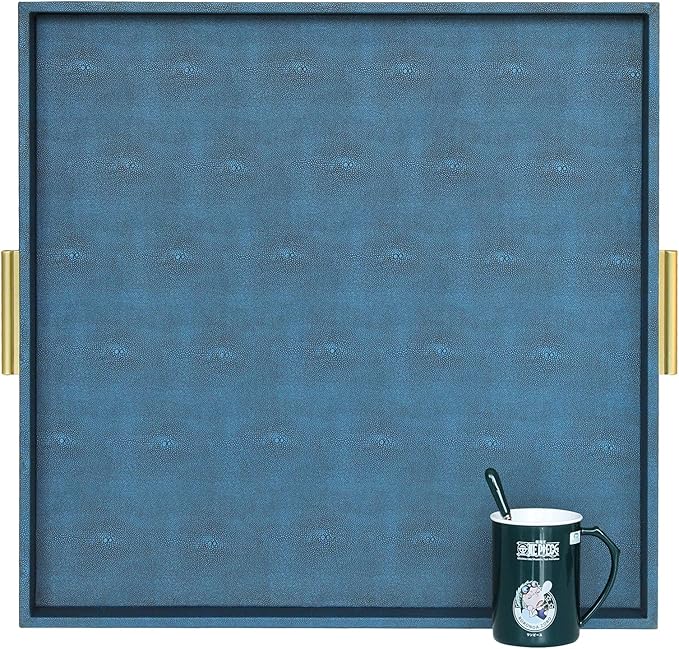 HofferRuffer Elegant Decorative Serving Tray, 20"x20" Square Faux Leather Ottoman Tray with Gold Hardware Handles, Coffee Table Serve Tea, Coffee or Breakfast (Navy Blue)