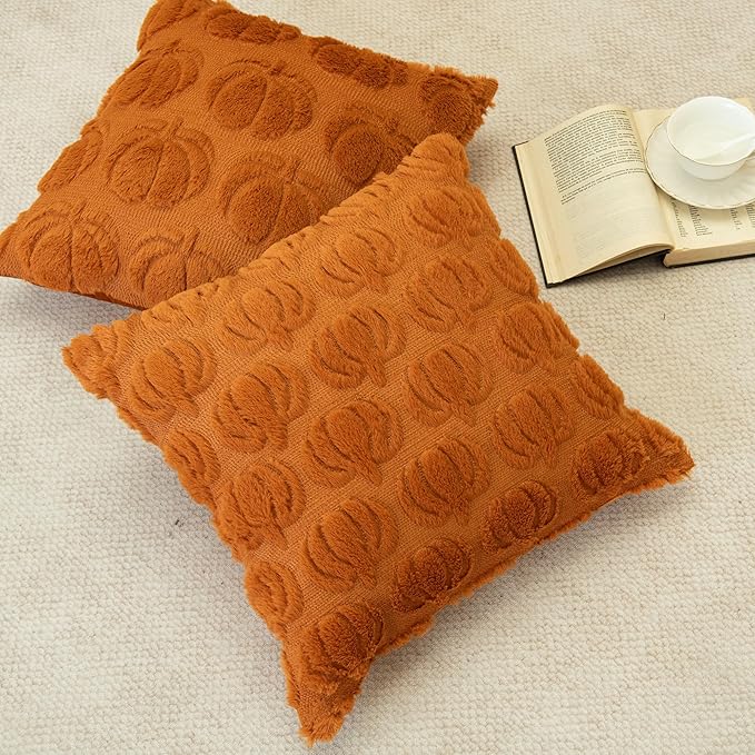 Pumpkin Fall Decorative Throw Pillow Covers 18"x18", Set of 2 Orange Soft Faux Fur Pillow Covers for Autumn Harvest, Fluffy Plush Accent Pillow Cases for Farmhouse Couch Cushion Covers