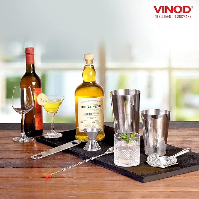 Vinod Stainless Steel Bar Set | 14 Piece Cocktail Accessories Set | 26 Ounce Boston Shaker w/Strainer Rubber Pourers Bar Jigger, Bottle Opener & More | Drink Mixer Bar Set | Bartender Kit