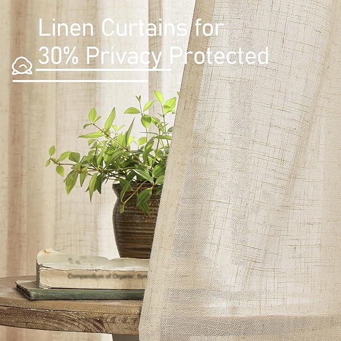 LAMIT Extra Wide Linen Curtains for Bedroom, Natural Light Filtering Faux Linen Textured Panels Semi Sheer Back Tab and Rod Pocket Boho Drapes for Living Room/Farmhouse, 2 Panels, Linen, 60 x 84 Inch