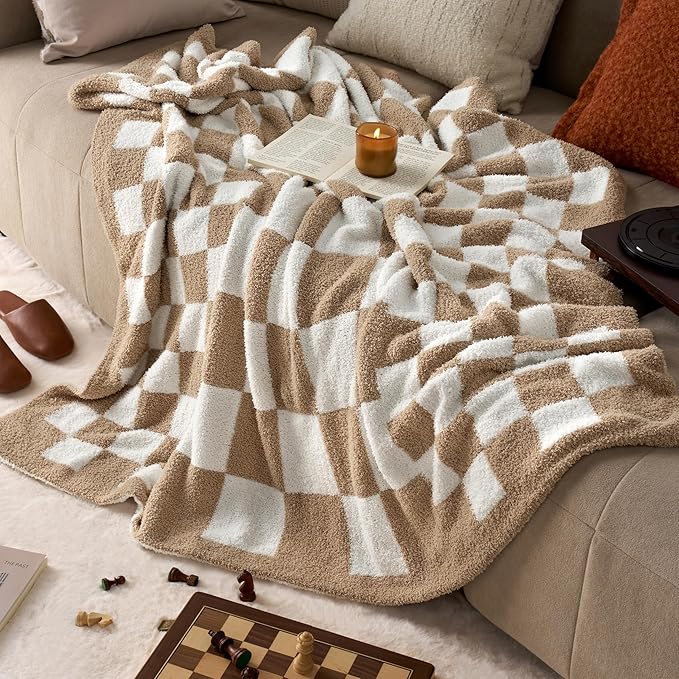 Joiedomi Throw Blanket for Couch Bed, Checkered Knitted Blankets Gifts for Women Mom Girls, Cozy Cute Soft Throw Home Room Decor Aesthetic for Women Mothers Birthday Gifts 50x70 Inches