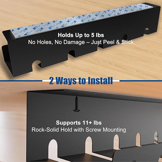 2 Pack Under Desk Cable Management Tray, Metal Wire Management Standing Desk Cord Organizer Power Strip Holder with Cable Ties and Clips for Home Office, Black