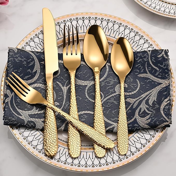 Gold Hammered Silverware Set, 20-Piece Heavy Duty Stainless Steel Flatware Sets for 4, Food-Grade Cutlery Set for Home Restaurant, Mirror Polished, Dishwasher Safe