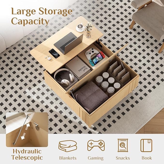 Lift Top Coffee Table with Storage,36" Large Square Coffee Tables for Living Room,Mid Century Modern Center Table for Home, Oak