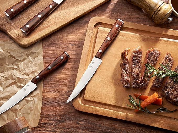 Premium Steak Knives Set of 6 in Gift Box - Polished Wood Handle, HC German Stainless Steel, Straight Edge Non Serrated - 4.8''Dinner Knife, Kitchen Tableware Knives Cutlery Set