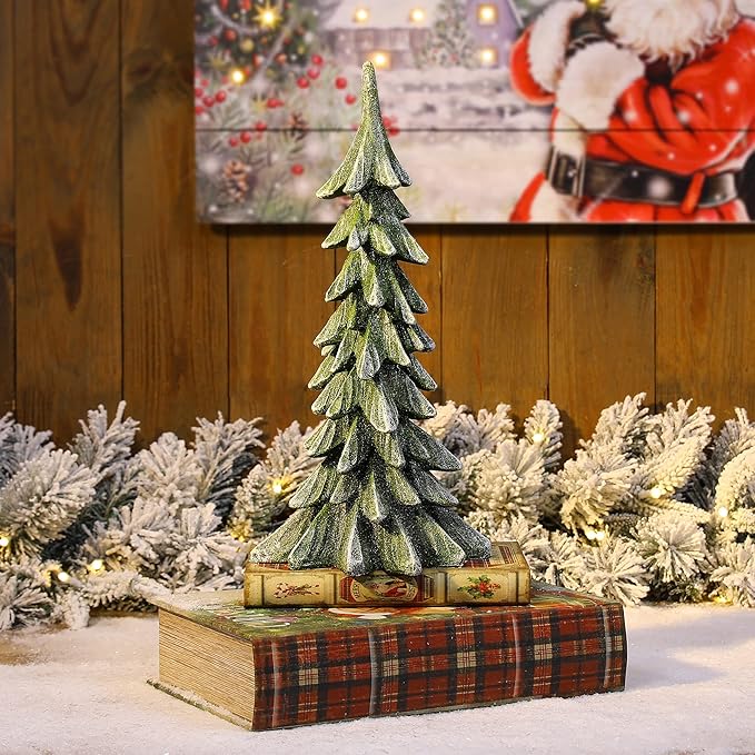 glitzhome Hand-Painted Resin Christmas Tree Tabletop Xmas Holiday Centerpiece Decoration, 14.75" H, Green
