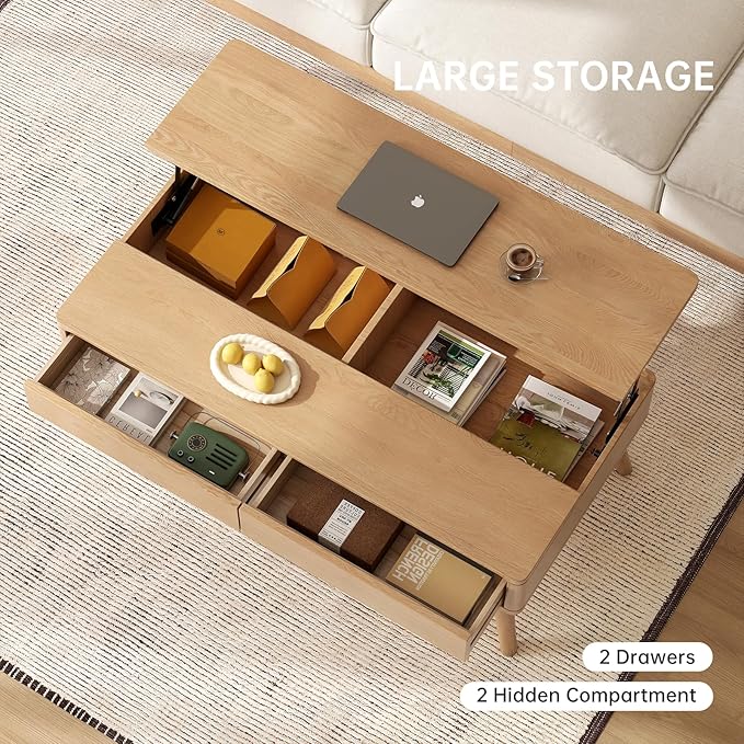 Lift Top Coffee Table, 100% Solid Oak Wood Log Color Coffee Table with Drawers and Hidden Compartments, Rectangular Coffee Tables with Storage for Living Room Home Decor (39.37" L)