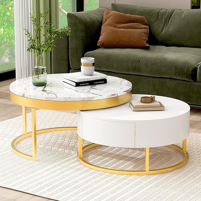 Modern Round Nesting Coffee Table with Drawers for Living Room in White