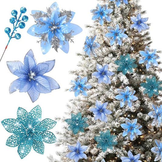 Floweroyal 30pcs Poinsettia Artificial Christmas Flowers Decorations with Clips and Berry Stems Glitter Ornaments for Christmas Tree Wreath Fireplace Stairs Decor (Blue-3 Styles)