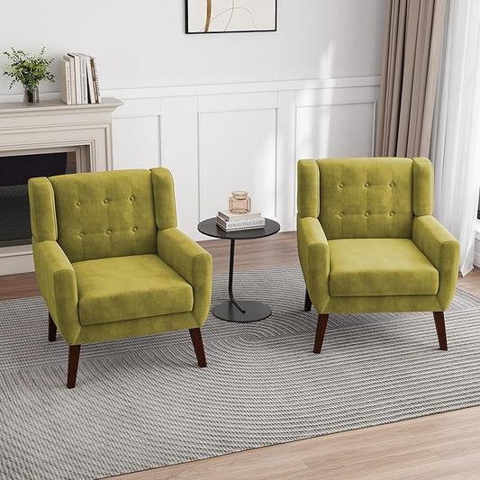 UIXE Accent Chairs Set of 2, Velvet Upholstered Armchair for Living Room, Modern Club Arm Chairs Comfy Single Sofa Button Tufted Bedroom Reading Seat - Green