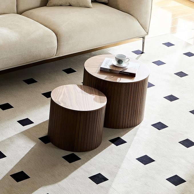 Nesting Coffee Tables Set of 2, Wooden Round Coffee Tables with Storage,Modern Circle Accent End Table Center Table for Small Spaces Living Room Bedroom Balcony Office Drum Side Table,Walnut