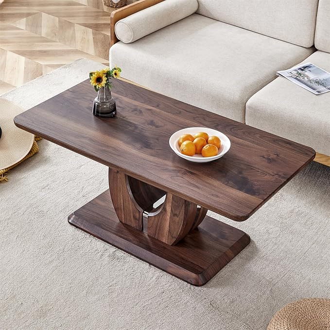 LKTART Rectangle Coffee Table for Living Room, Imitation Marble Coffee Tables with Storage, Modern Stable Base Center Tea Table for Dining Room Small Space Apartment (43.3''L×22.4''W-Walnut)