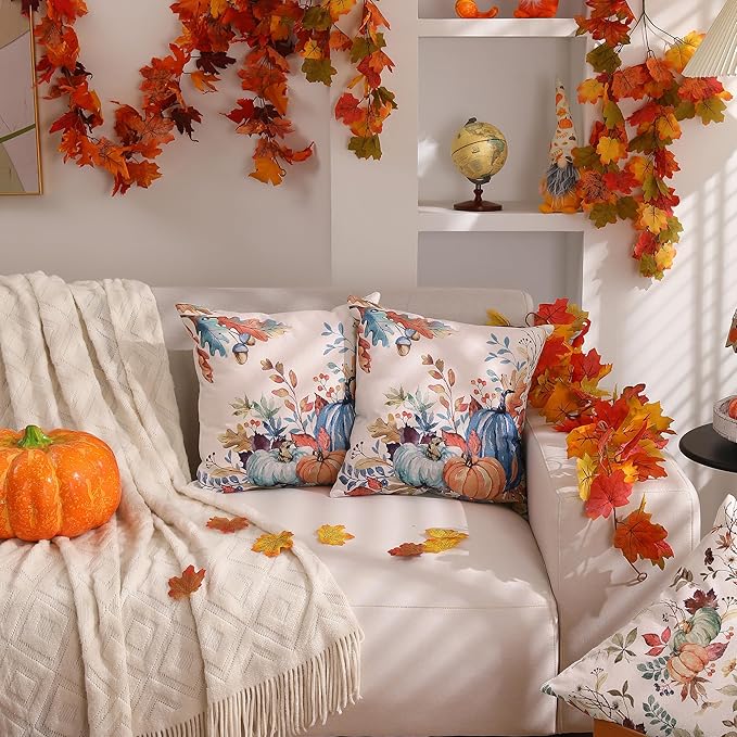 DFXSZ Fall Pillow Covers 20x20 inch Set of 2 Blue and Green Watercolor Pumpkin Fallen Leaves Decorative Throw Pillow Covers Autumn Thanksgiving Farmhouse Decoration for Home Couch TH27-E20
