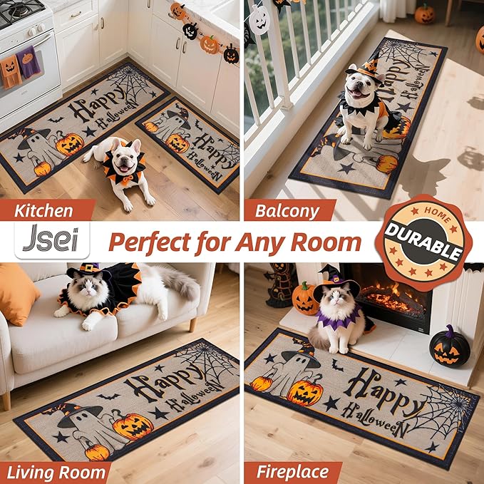 JSEI Halloween Holiday Kitchen Mats for Floor, Non-Slip Ghost and Pumpkins Decorative Kitchen Rugs Set of 2, Home Decor Low-Profile Kitchen Runner Rug Washable, 17"x30"+17"x48", Cute Ghost Pattern