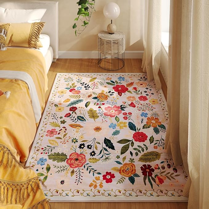 Rugcomf Area Rug 4x6 Rug Washable Boho Rugs Non Slip Low Pile Floral Small Carpet for Bedroom, Bedside, Kids Room, Office, Dining Room(Beige)