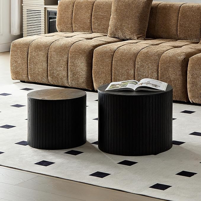 Round Storage Side Table Set of 2, Nesting Coffee Tables with Hidden Storage, Modern Wood Accent End Table for Living Room, Bedroom, Small Space, Minimalist Bedside Table, No Assembly(Black)