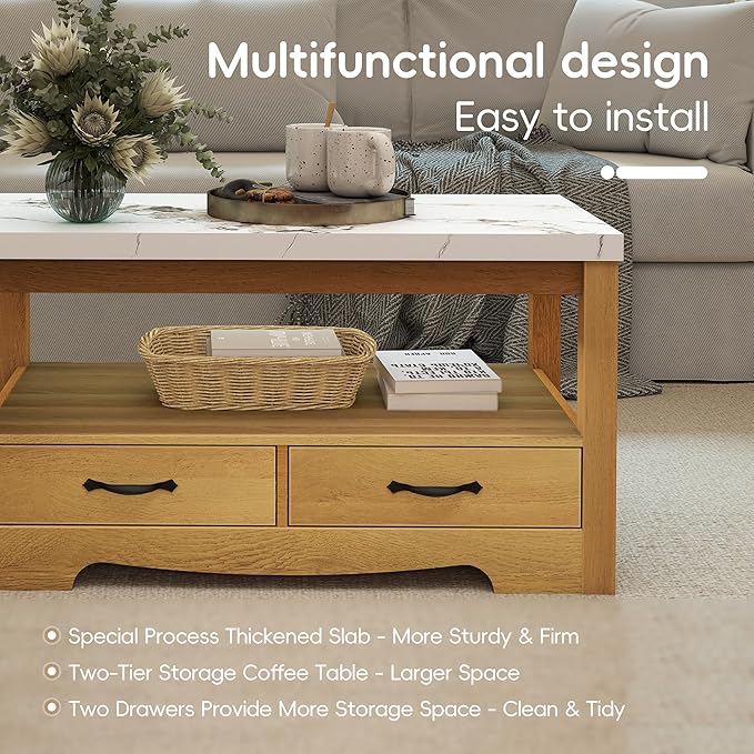 Coffee Table 40" Faux Marble 2-Tier Modern Wooden Rectangle Center Table with Drawers for Living Room, Conference Room, Thickened Top, Small Space Home Furniture (Natural Oak with Storage)