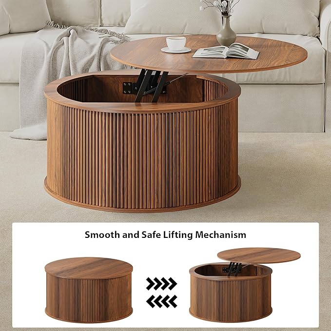 Lift Top Coffee Table, Fluted Round Coffee Table with Storage, Farmhouse Center Dining Table Circle Table for Living Room, Apartment, Home Office (Walnut)