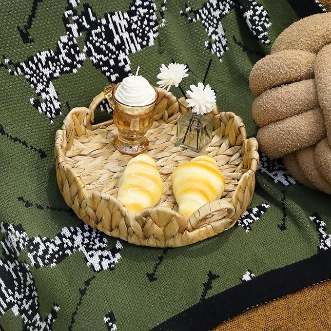 GYASVWU Water Hyacinth Scalloped Tray with Handles,Round Wicker Serving Trays for Coffee Table,Woven Tray for Ottoman Decorative and Organizer Trays (Water Hyacinth)