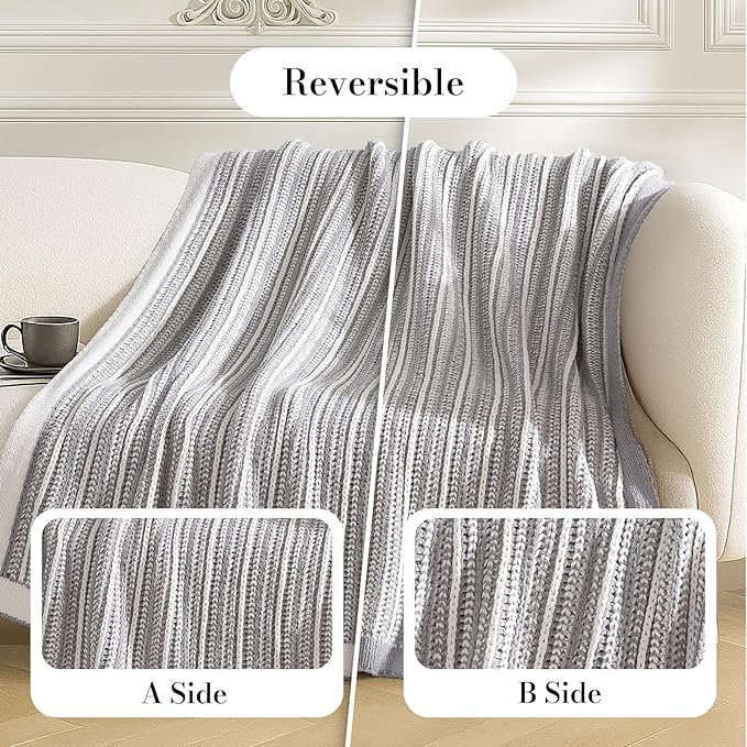 Amélie Home Striped Knit Throw Blanket for Couch, Dual-Sided Soft Chenille Decorative Blankets for Sofa & Chair, 50"x60", Gray & White