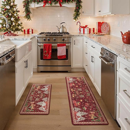 GENIMO Christmas Decorations - Kitchen Mats for Floor, 2PCS Christmas Kitchen Rugs, Cushioned Anti Fatigue Mat for Home Decor, Waterproof Non Slip Standing Mat for Laundry, 17.3"x59"+17.3"x30", Red